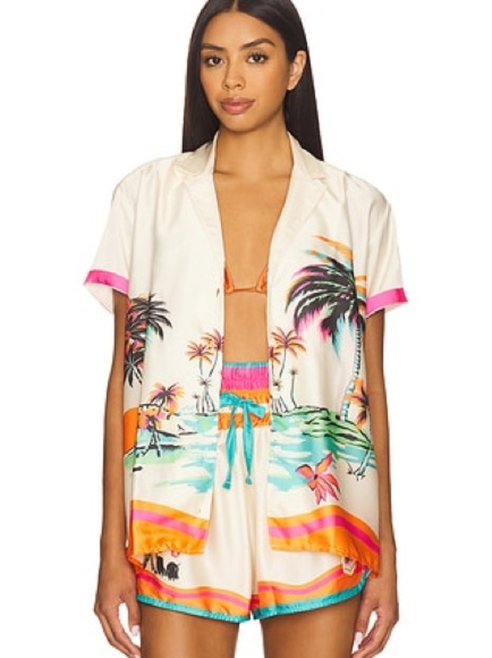 Maaji Cream Tropical Palm Print Blouse and short set with Pink & Orange Accents